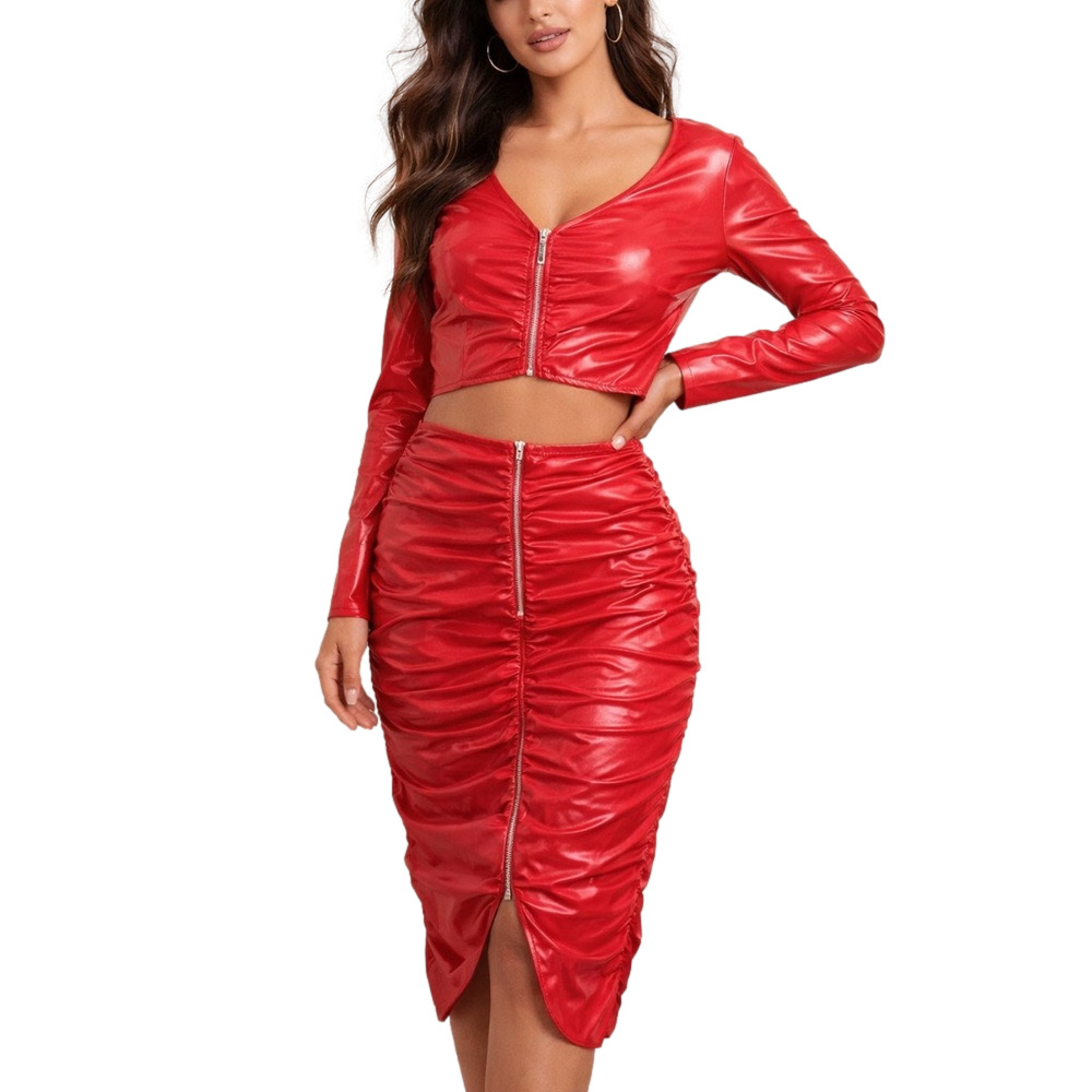 NWT Guess Red Faux Leather Sexy Skirt Cropped Top Set Size Large